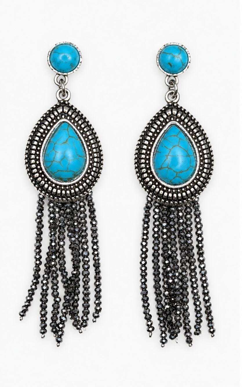 nOir Jewelry Turquoise Teardrop Dangle Tassel Earrings Silver Tone Boho Western